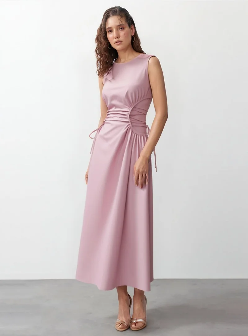 Outzidr  Pink Elasticated Cinched Waist Dress for Women | Best Price UAE